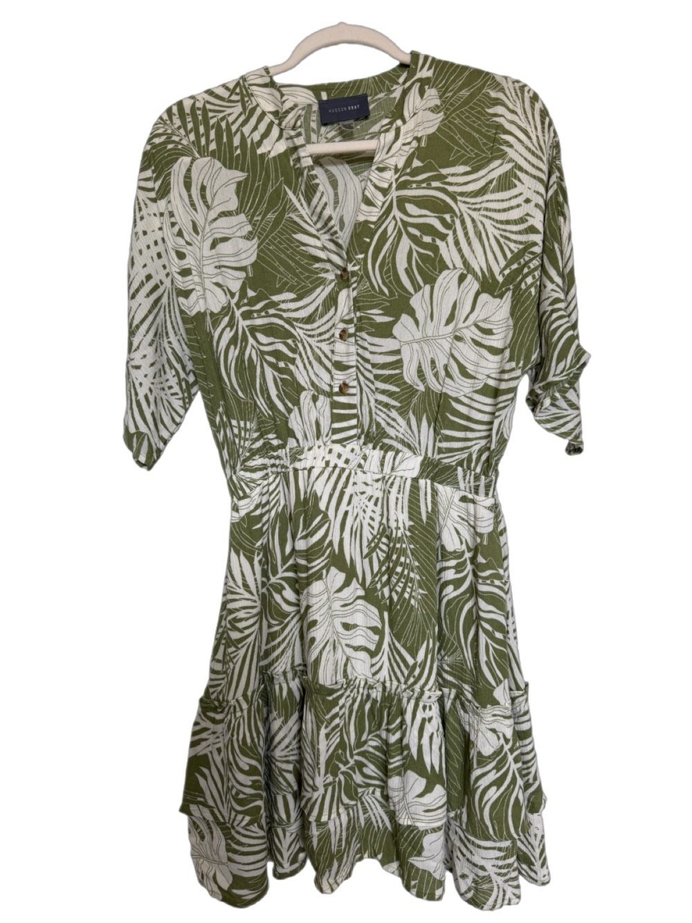 Green and White Tropical Print Button-Up Dress